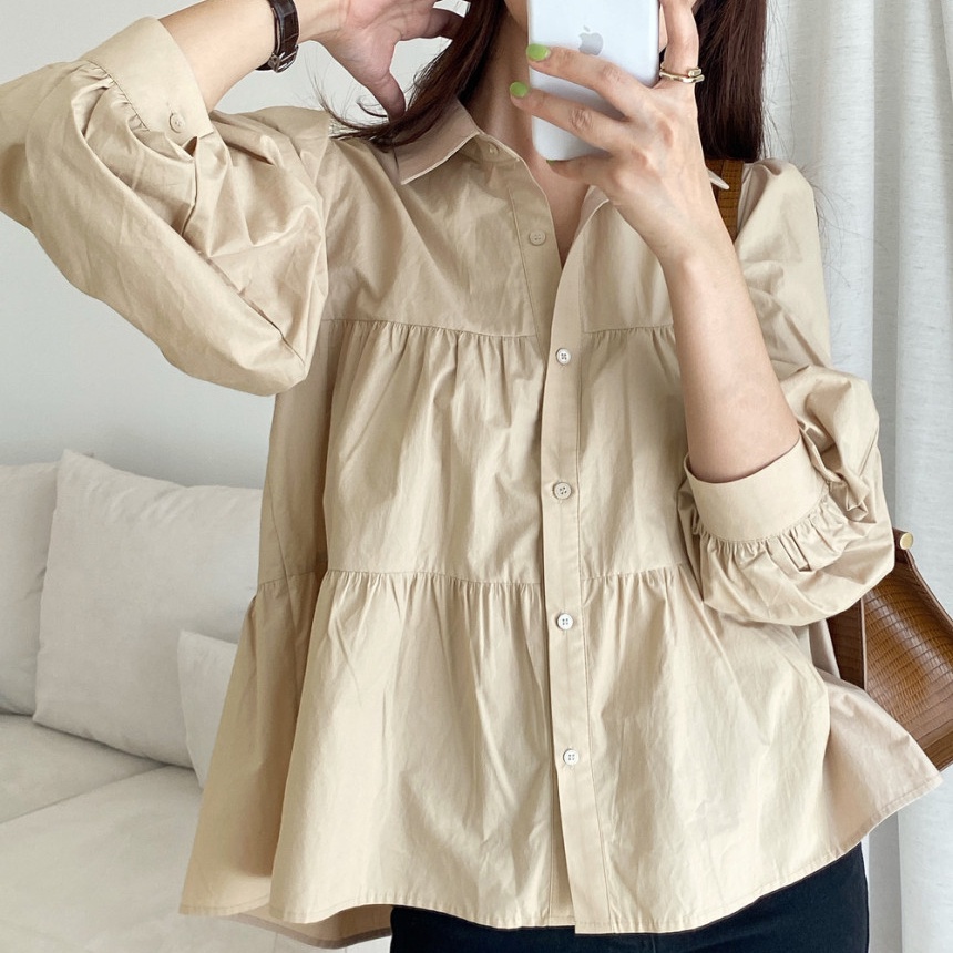 Áo sơ mi SUXI tay dài dáng rộng thiết kế đơn giản dễ phối đồ