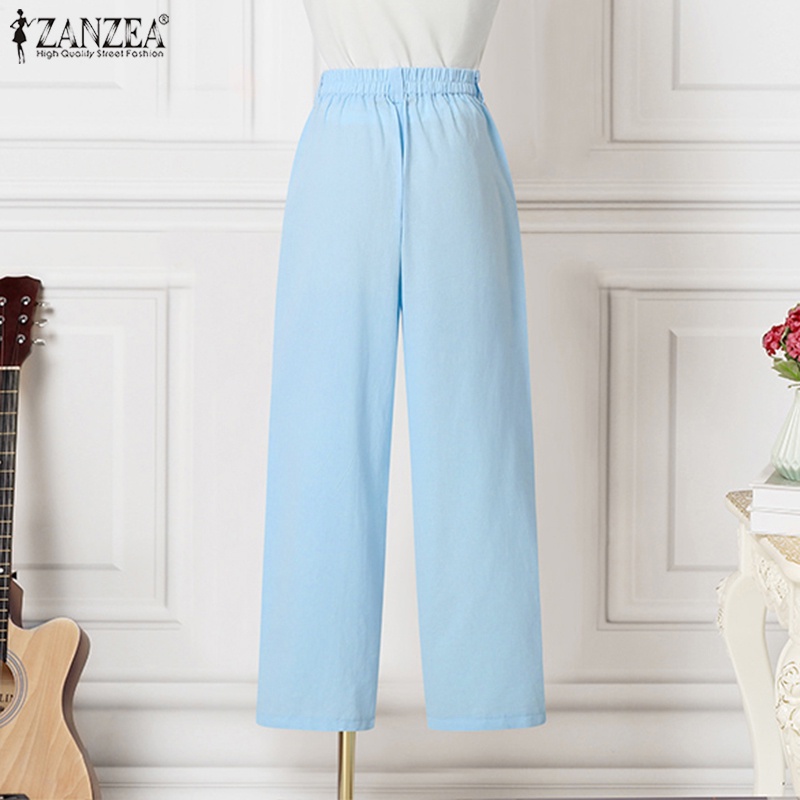Quần dài ZANZEA lưng thun màu trơn có túi thời trang cho nữ