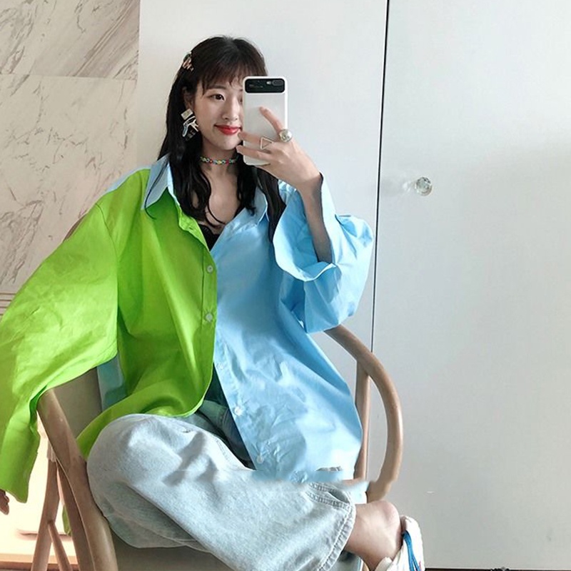 Áo sơ mi IELGY tay dài dáng rộng màu xanh dương + xanh lá tương phản dành cho nữ