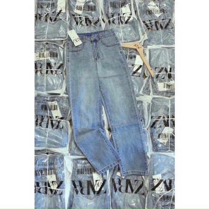 quần jean dài suông ống rộng Quần jeans dãn dáng xuông ống đứng màu xanh