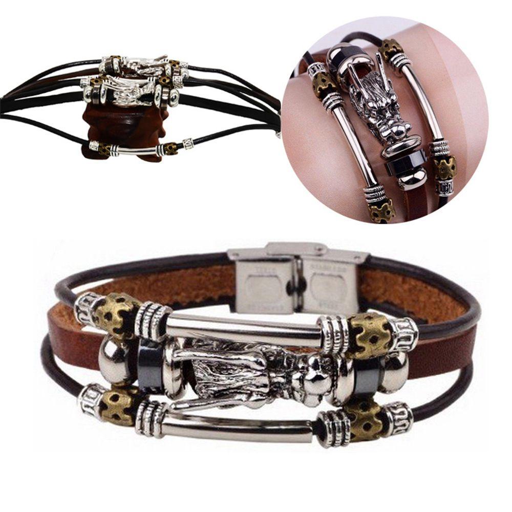 Vòng Tay Da Phối Mặt Hình Rồng Hợp Kim