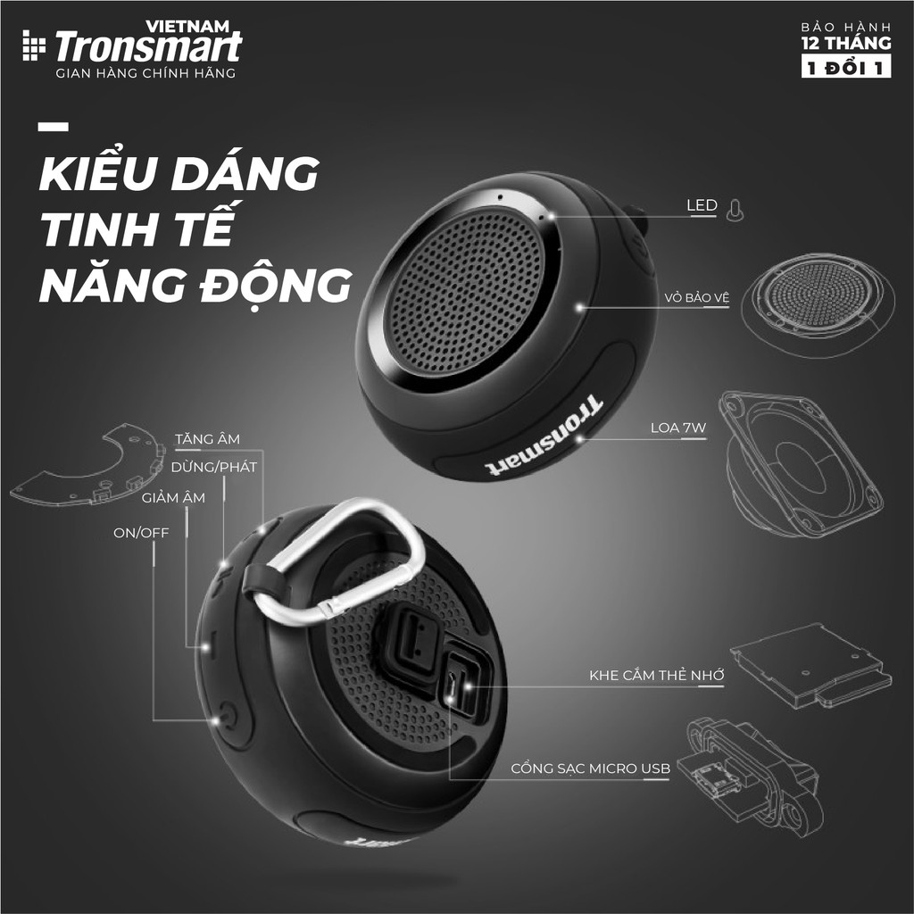 Loa Bluetooth 4.2 Tronsmart Element Splash TM-24477 -Âm thanh vòm 360 Công suất 7W - Hàng chính hãng - Bảo hành 12 tháng