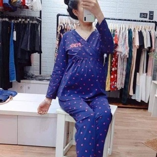 Bộ pink bầu và sau sinh cổ chéo - ảnh thật