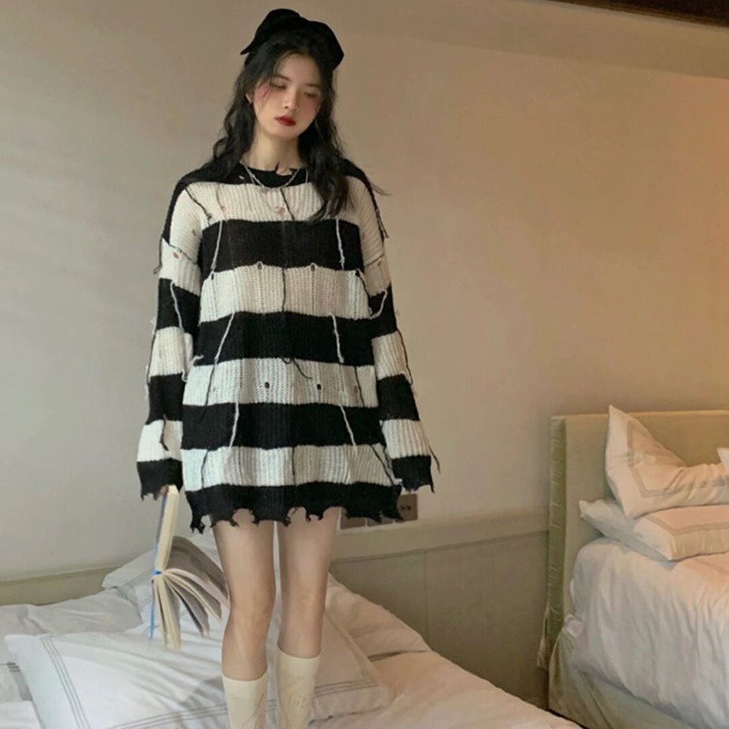 Áo Len Nữ Dài Tay Cổ Tròn Sọc Ngang Thời Trang Hàn