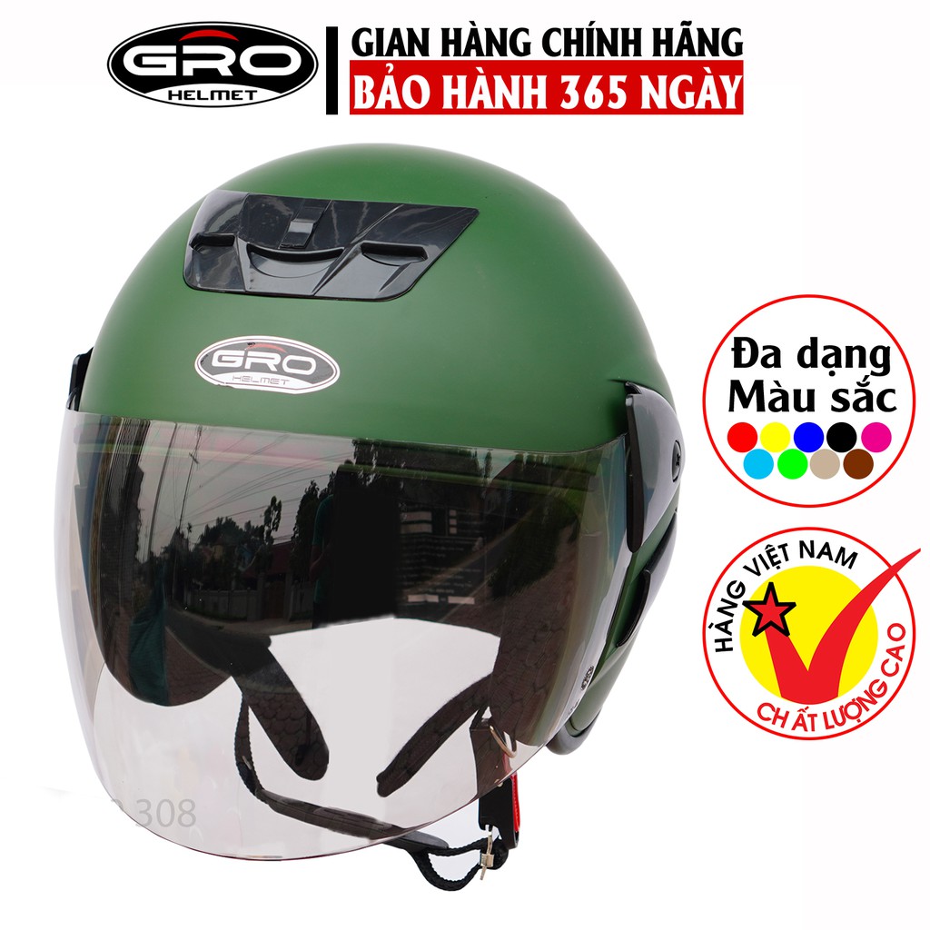 Mũ Bảo Hiểm Gro 3/4 đầu T318 V2, có kính dài che kín mặt, kiểu dáng Honda trẻ trung cho cả nam và nữ - Xanh Lục Quân