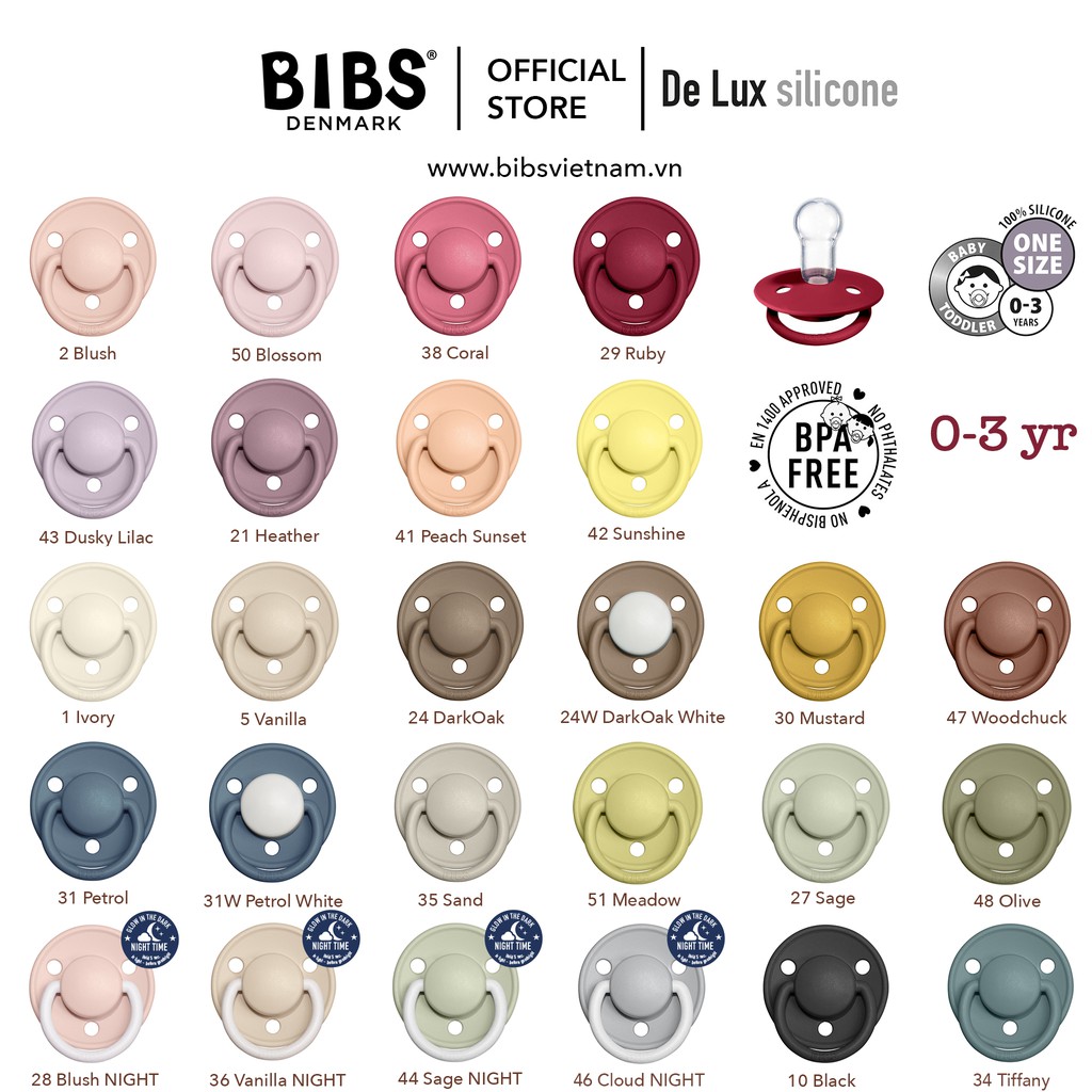 Ti ngậm giả BIBS De Lux núm tròn silicone (0-3 tuổi) nhiều mẫu