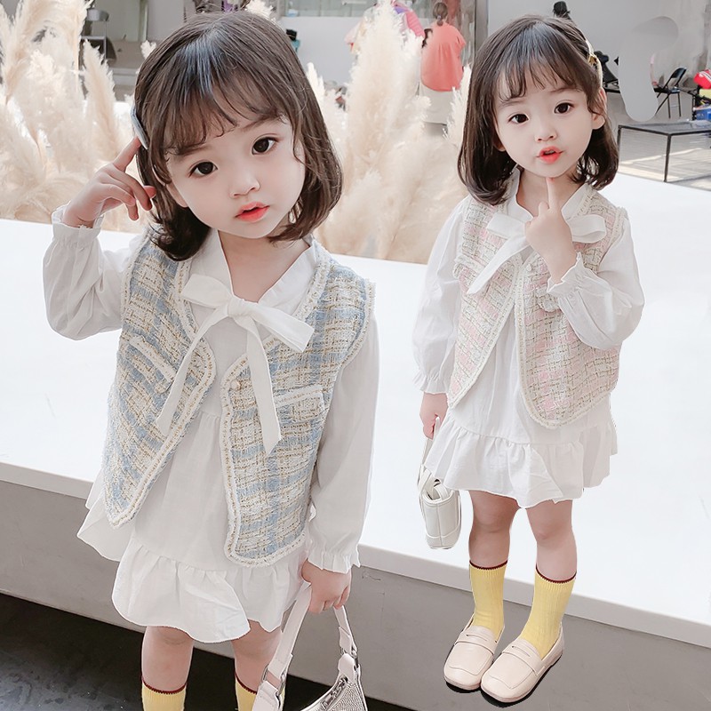 Set đầm tay dài và áo khoác không tay xinh xắn dành cho bé gái