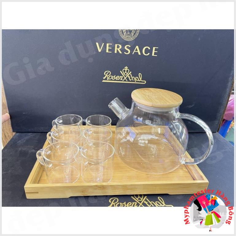 (HÀNG ĐẸP) combo 4 set ấm thuỷ tinh nắp tre 1L ( 1 ấm thuỷ tinh nắp tre, 6 chén trụ quai, 1 khay tre 28x19cm)