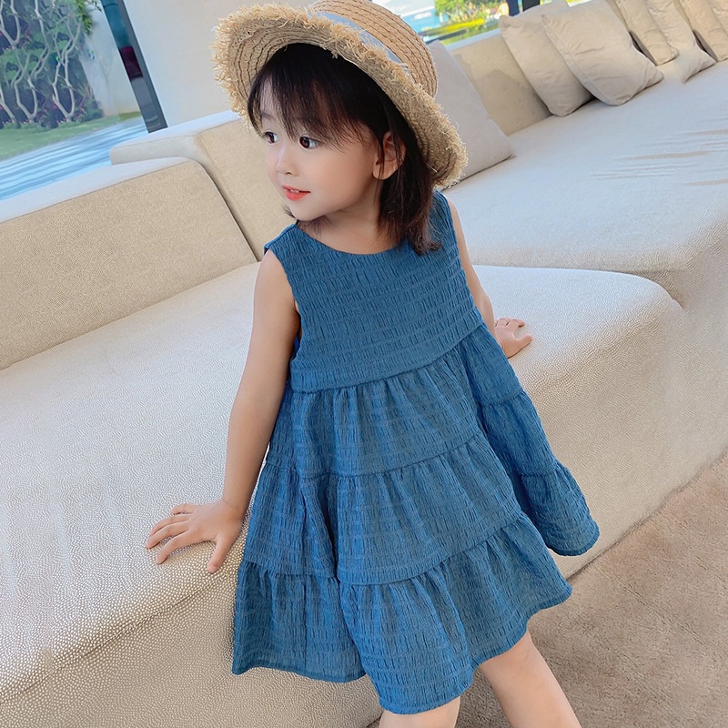 Đầm Công Chúa Mùa Hè Không Tay Hở Lưng Màu Trơn Cho Bé Gái Se7En