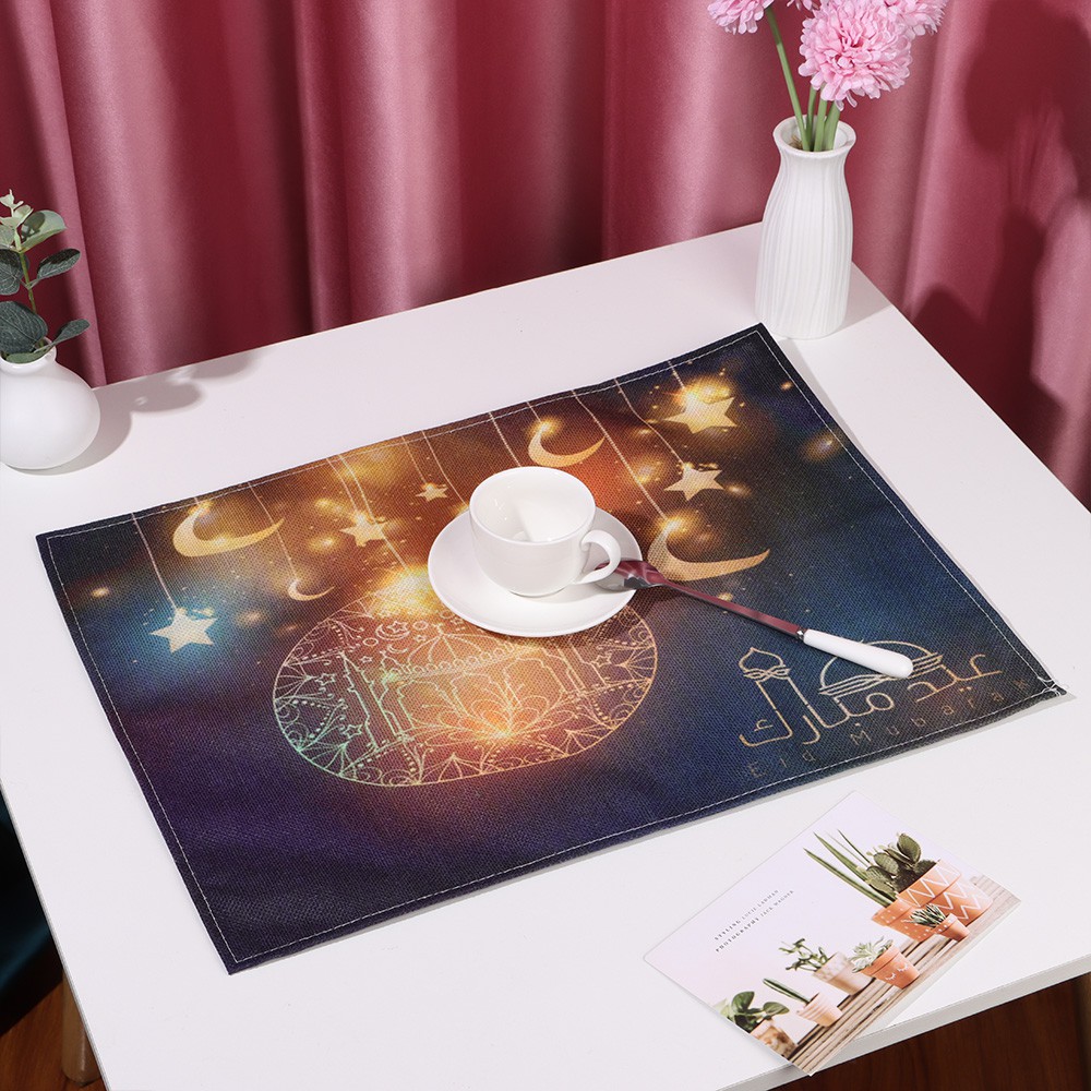 ❤LANSEL❤ Home Dining Placemat Modern Simple Table Mat Flax Leather Moon Lamp Heat Insulation Non-Slip Eid Mubarak Tableware Pad Soft Coasters