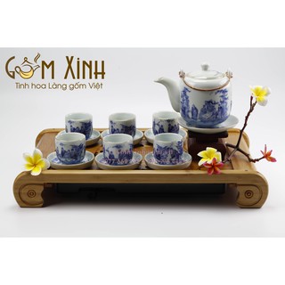 Ấm chén Bát Tràng_Bộ bình trà dáng Vại (cỡ lớn) men Lam Cổ vàng kim
