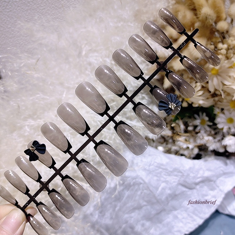 [Hàng mới về] Bộ 24 móng tay giả đính nơ màu đen sang trọng diy