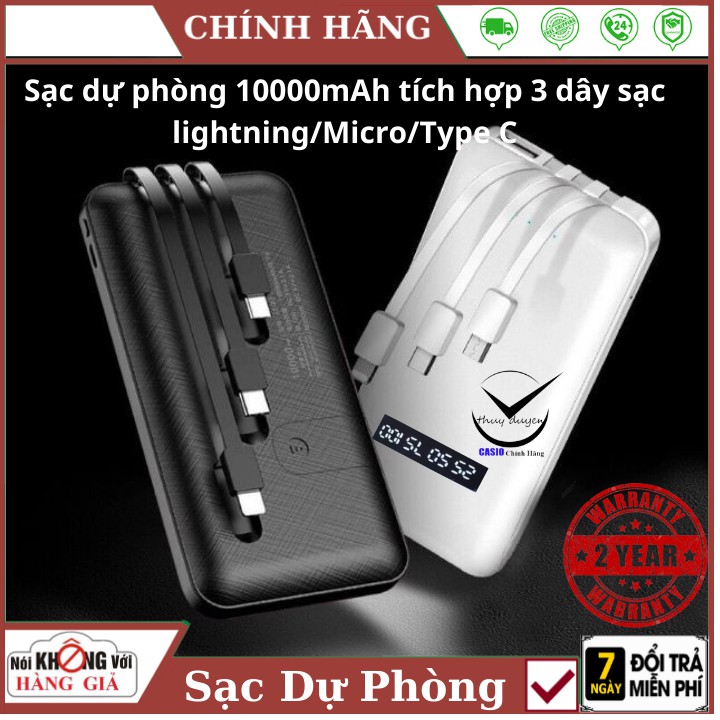 Sạc Dự Phòng 10000Mah Kèm 4 Cổng Micro USB, USB TypeC, Lightning, USB Bảo Hành Chính hãng