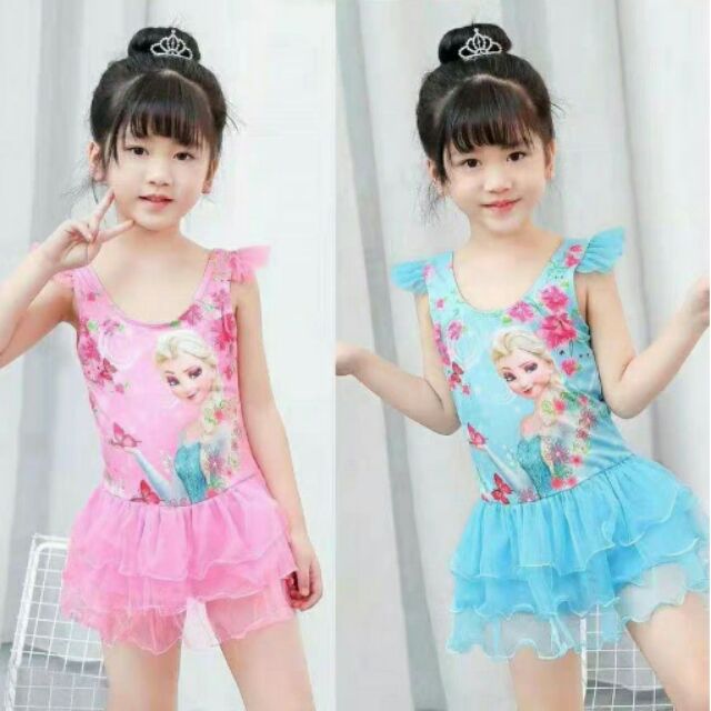 Set Đồ Bơi Bé Gái Phối Voan 2 Tầng Tay Cánh Tiên In Hình Công Chúa Frozen Elsa
