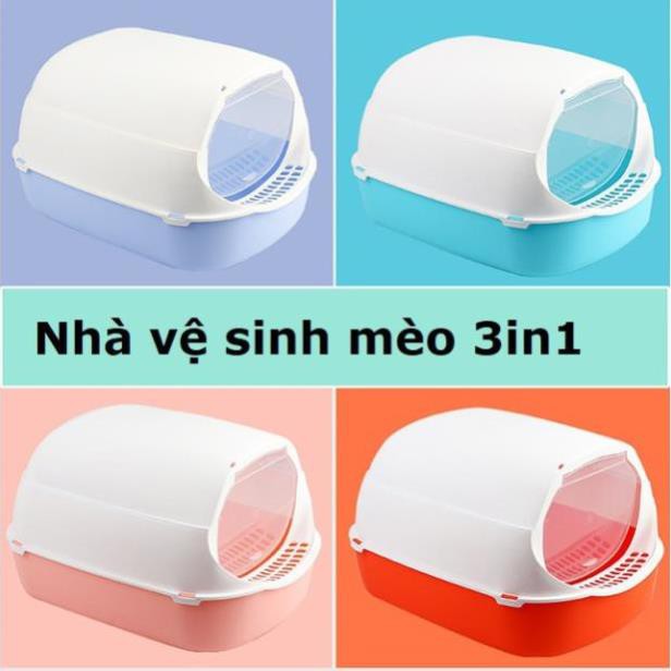 CTVD-  (3in1) Nhà vệ sinh cho mèo nhỏ dưới 4kg dạng hộp kín 3 trong 1 kiêm khay đựng cát và Tặng xẻng xúc cát mèo