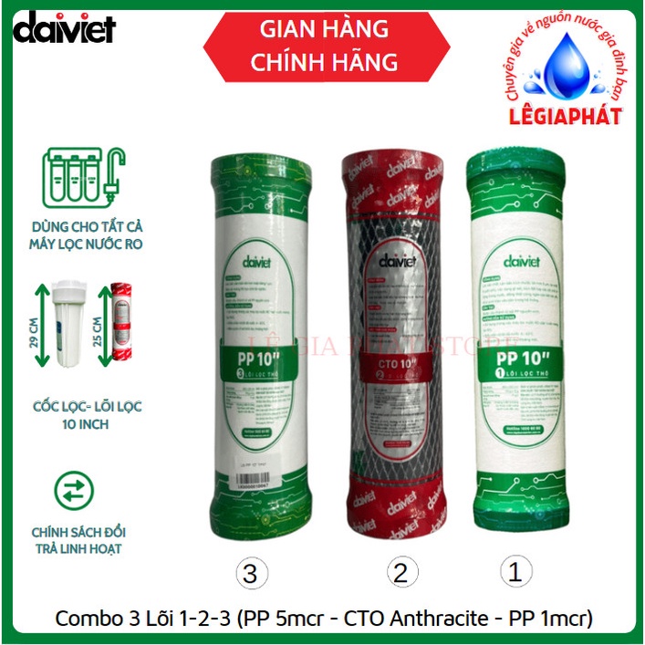 Combo 3 Lõi Lọc Nước RO Số 1-2-3 (PP 10" 5 Micro - CTO Anthracite - PP 10" 1 Micro) - Đại Việt