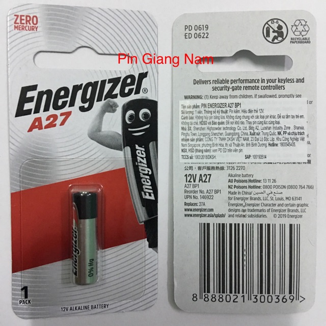 Pin A27 Energizer 12V vỉ 1 viên (pin cửa cuốn)