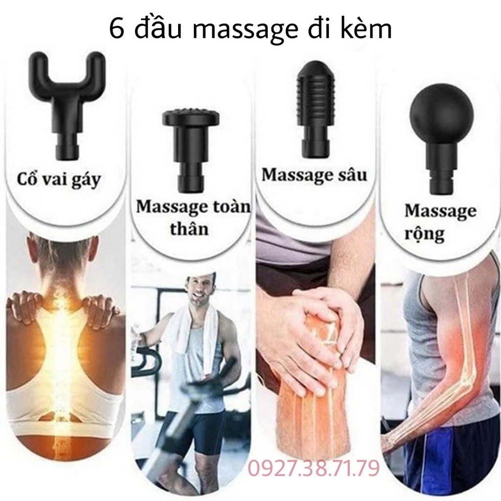 Máy massage cầm tay 6 đầu 6 cấp độ trị đau nhức toàn thân hiệu quả - Massage Gun cổ vai gáy kèm 6 đầu mát xa chuyên sâu