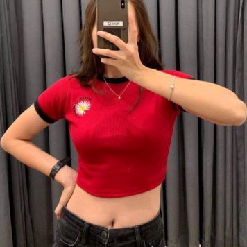 Áo Croptop Thun Gân Ngắn Tay Viền Thêu Hoa Cúc Body LACA STORE L8-1