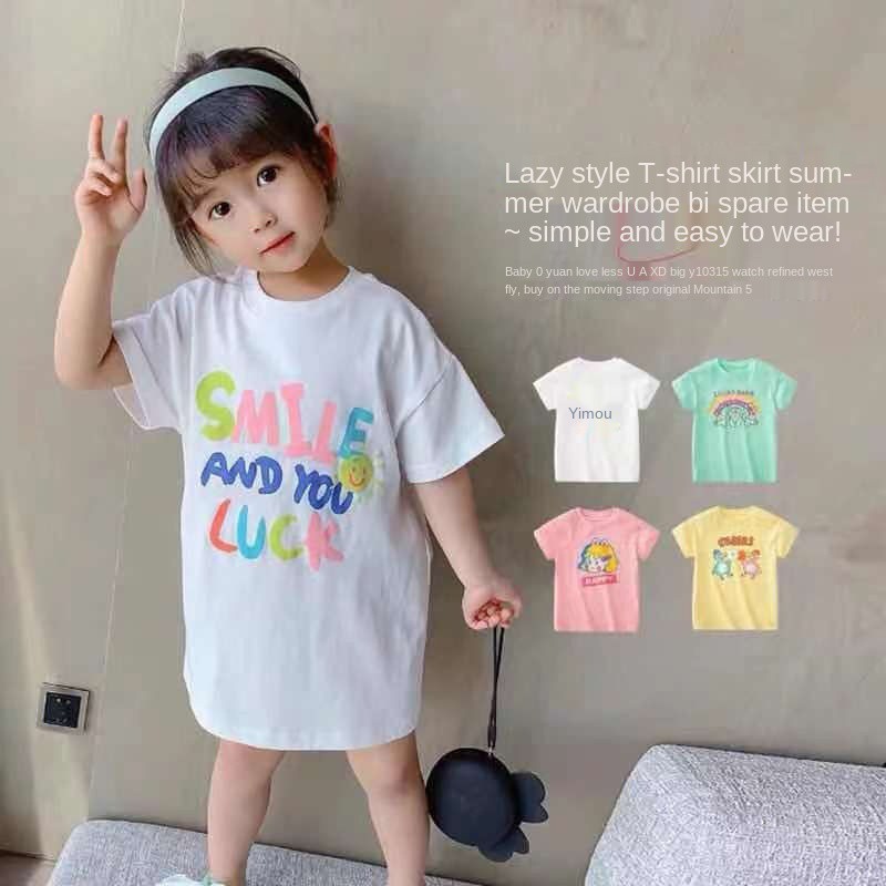 Đầm Thun Cotton Tay Ngắn In Chữ Dễ Thương Cho Bé Gái Từ 1 - 10 Tuổi