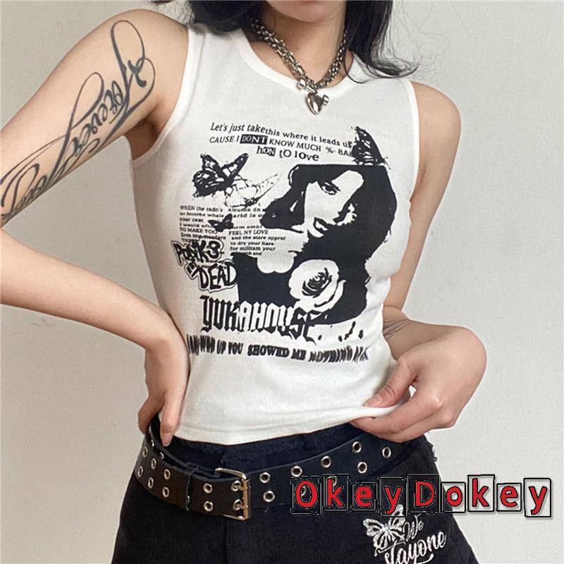 Áo Croptop Sát Nách Cổ Tròn In Chữ Thời Trang Mùa Hè Cho Nữ Y2K