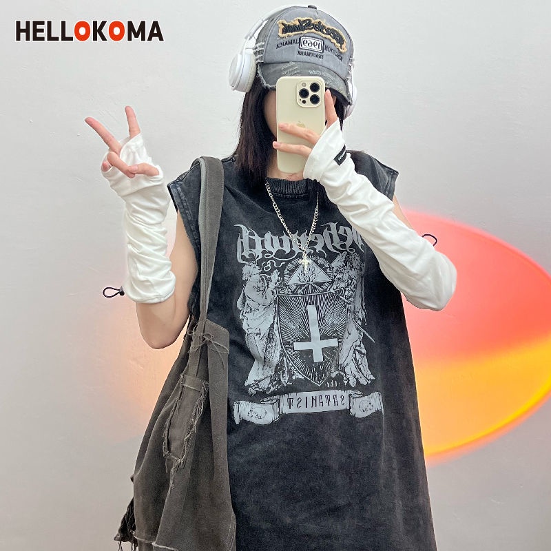 Áo Thun Cotton Trơn Không Tay In Hình Hello Kitty Phong Cách Hip Hop Mỹ Cho Nữ