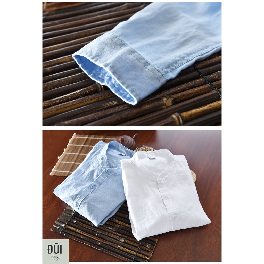 Áo đũi nam cài khuy cổ trụ xanh dài tay mẫu 6