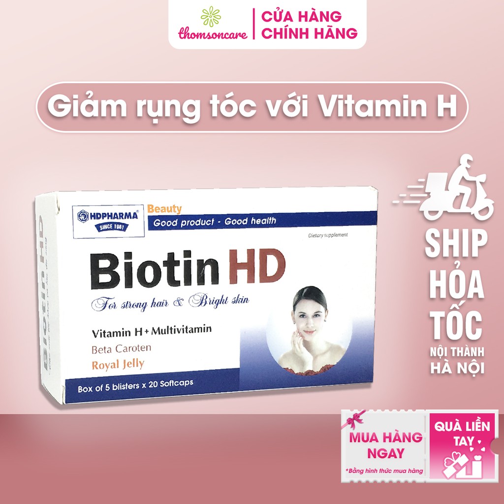 Viên uống bổ sung Biotin Vitamin H giúp ngăn ngừa rụng tóc, hói đầu, giảm lão hóa - Biotin HD - Hộp 100 viên