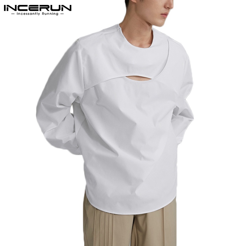Áo thun tay dài INCERUN cổ tròn mềm mại khoét rỗng phong cách Hàn Quốc giản dị dành cho nam