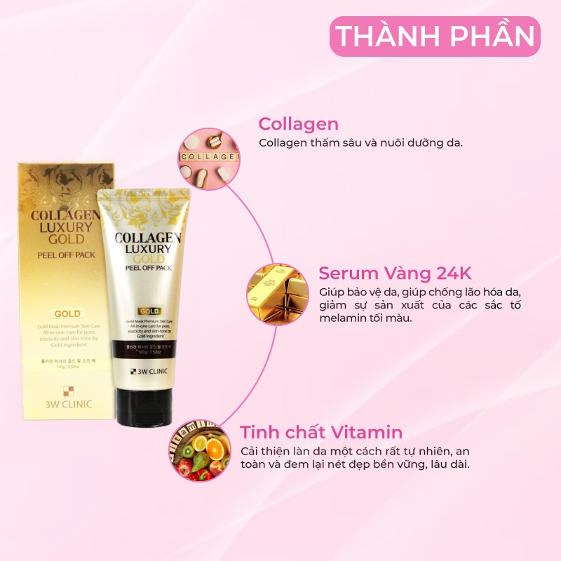 Mặt Nạ Lột Tinh Chất Vàng 24K 3W CLinic Collagen & Luxury Gold Peel Off Pack 100g Giúp Se Khít Lỗ Chân Lông Giảm Mụn Cám