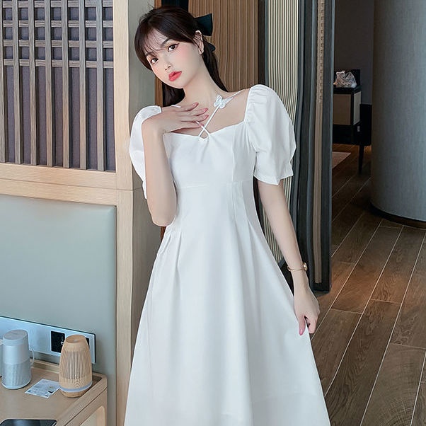 Đầm Trắng Mỏng Cổ Vuông Kiểu Pháp Mới Đầm Chữ A Tay Phồng Quyến Rũ Thời Trang Hàn Quốc