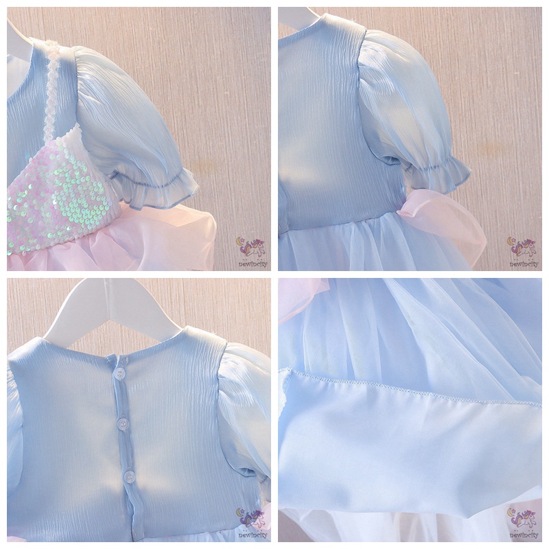 Đầm Tay Ngắn Cổ Tròn Đính Kim Sa Phong Cách Hàn Quốc Thời Trang Cho Bé Gái