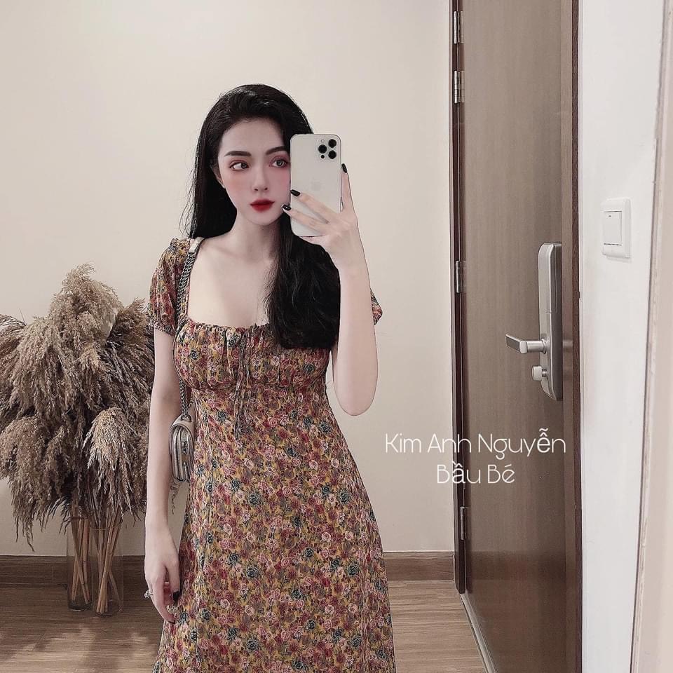 Váy đầm yếm hoa nhí vintage nhún ngực eo body cổ vuông hoặc trễ vai dáng maxi xẻ vạt sexy sang chảnh đi chơi chụp ảnh