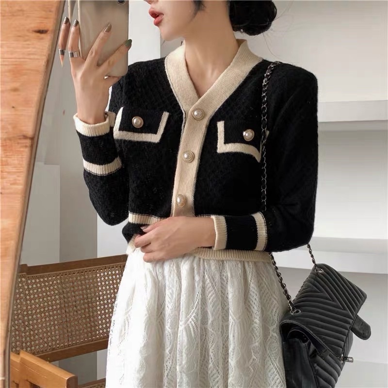 Áo len dệt kim nữ mắt lưới cài cúc màu trắng đen dài tay tiểu thư nữ tính sang chảnh Hàn Quốc loại 1