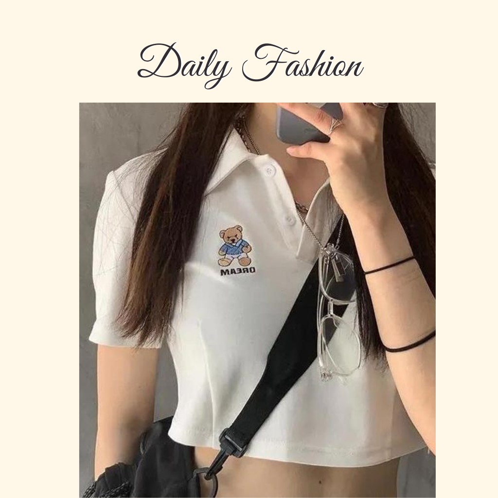 Áo polo thêu gấu - Áo thun nữ croptop thêu gấu ngắn tay màu trắng hottrend | BigBuy360 - bigbuy360.vn