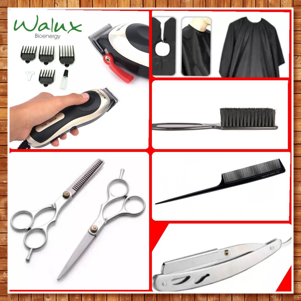 Bộ đồ nghề cắt tóc sang trọng và đẳng cấp (gồm: Tông đơ Walux , kéo cắt tỉa, áo choàng, dao cạo, chổi phủi và lược)