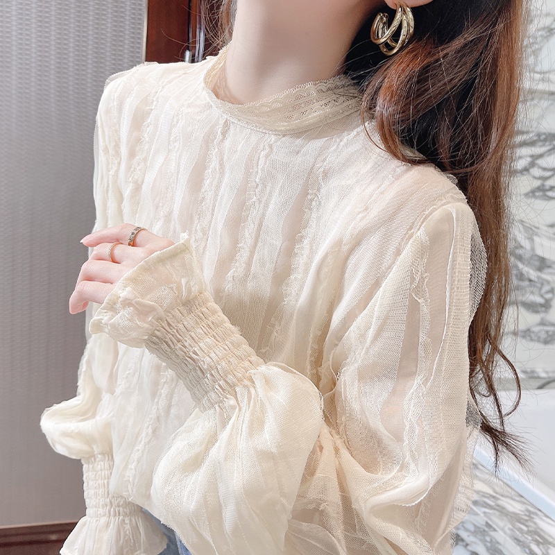 Áo Sơ Mi Chiffon Tay Dài Phồng Cổ Cao Phối Ren Phong Cách Pháp Thời Trang Xuân Thu Cho Nữ