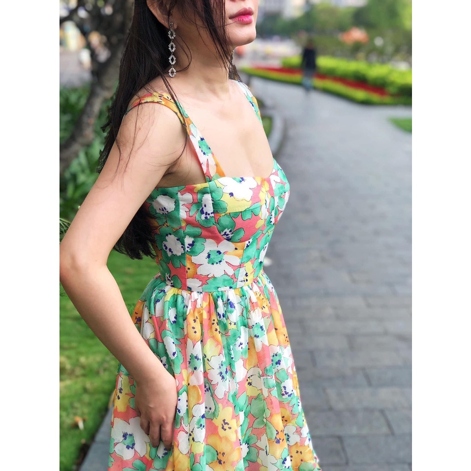 ĐẦM LỤA 2 DÂY HOA XANH