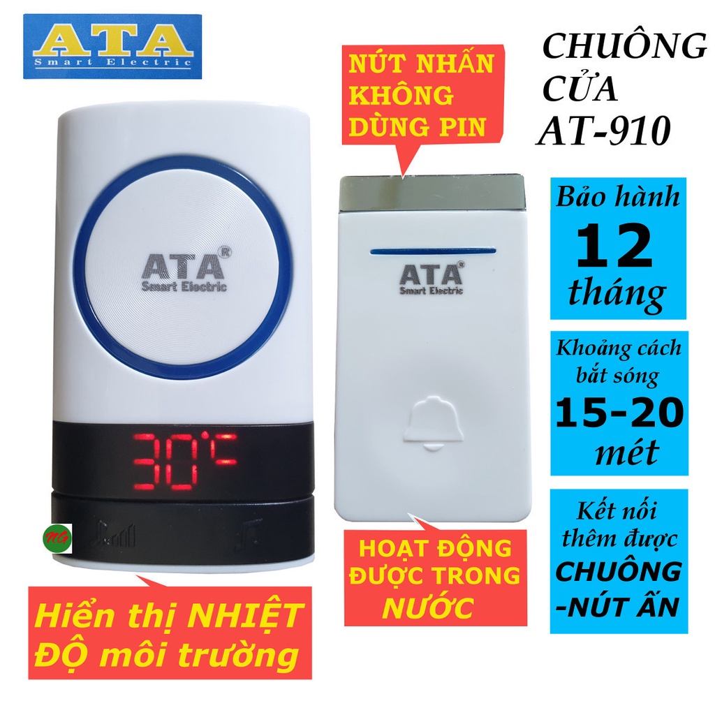 Chuông cửa chống nước nút nhấn không dùng pin ATA AT910 CÓ HIỂN THỊ NHIỆT ĐỘ MÔI TRƯỜNG