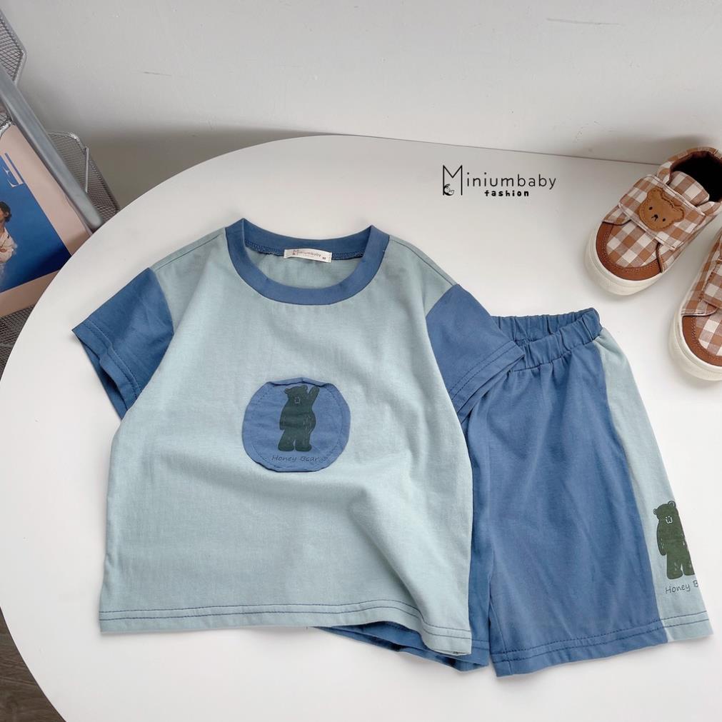 Bộ cộc tay mùa hè unisex cho bé trai và bé gái chất liệu cotton, set đồ in gấu-MiniumBaby-SB1214