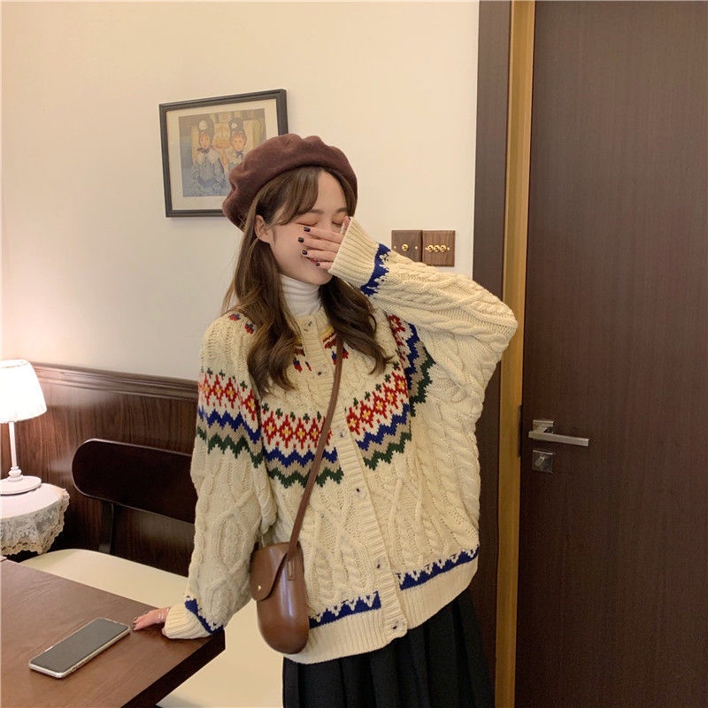 Áo khoác cardigan tay dài dáng rộng in họa tiết sọc màu cầu vồng phong cách thu đông cho nữ