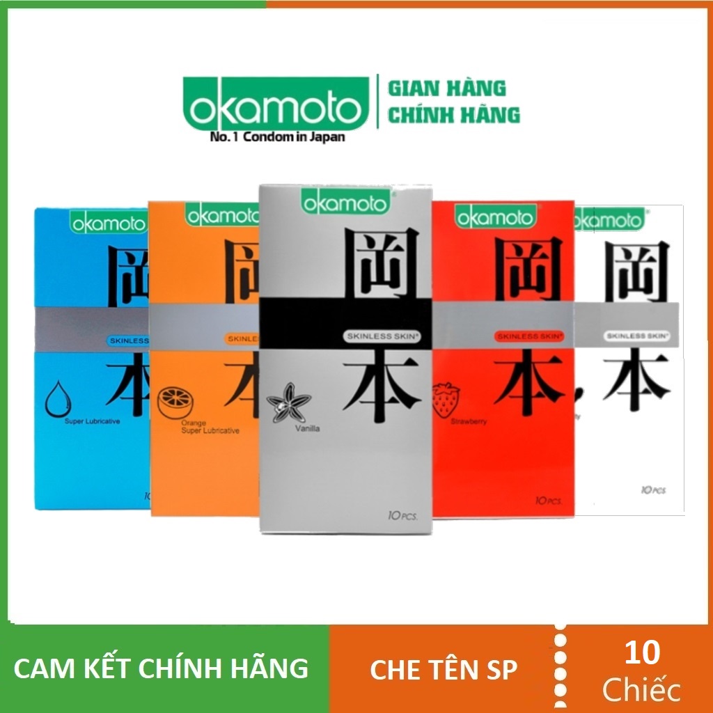 Bao cao su siêu mỏng tinh khiết Okamoto - nhiều mùi hương dâu, cam, vani, nhiều gel bôi trơn - hộp 10 chiếc