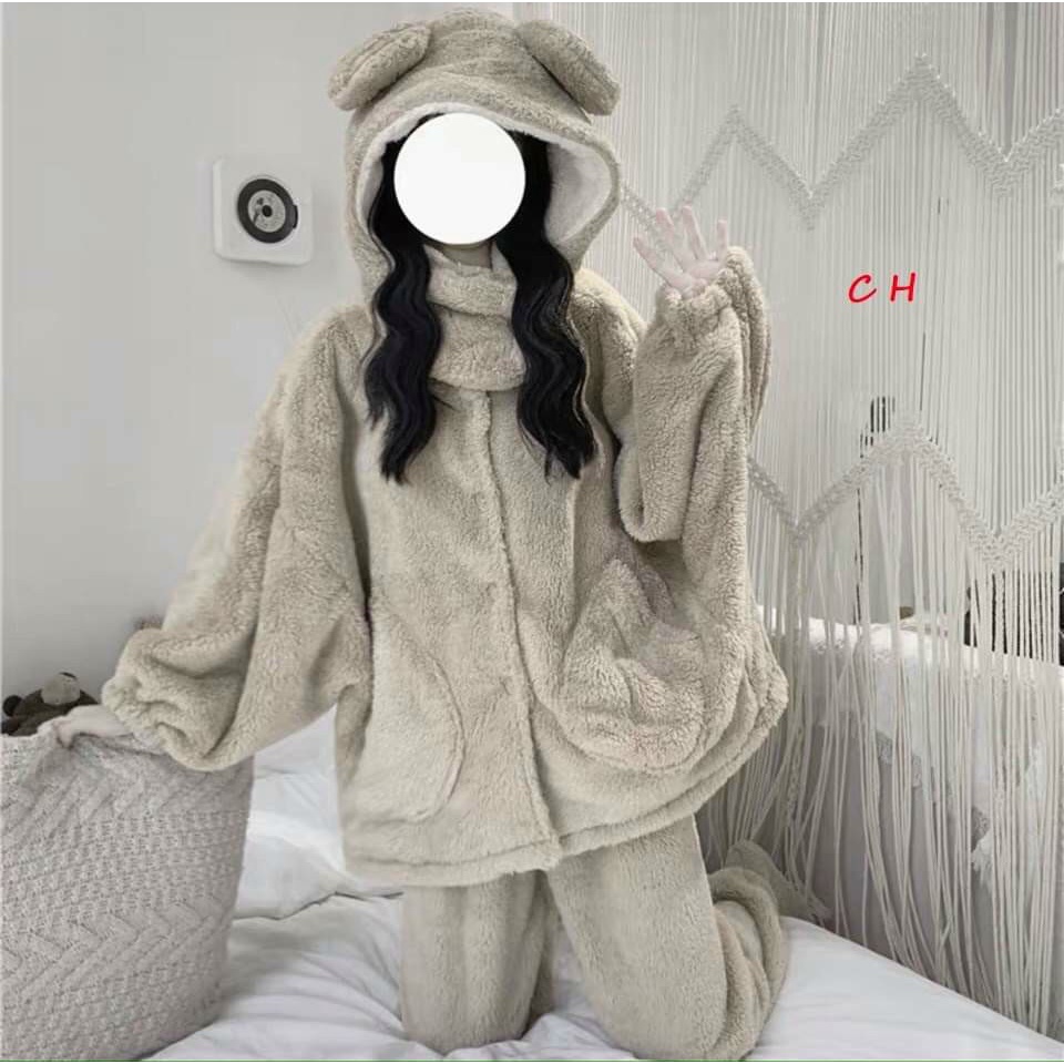 Bộ ngủ nữ chấ lông tai gấu mềm ấm siêu đáng yêu