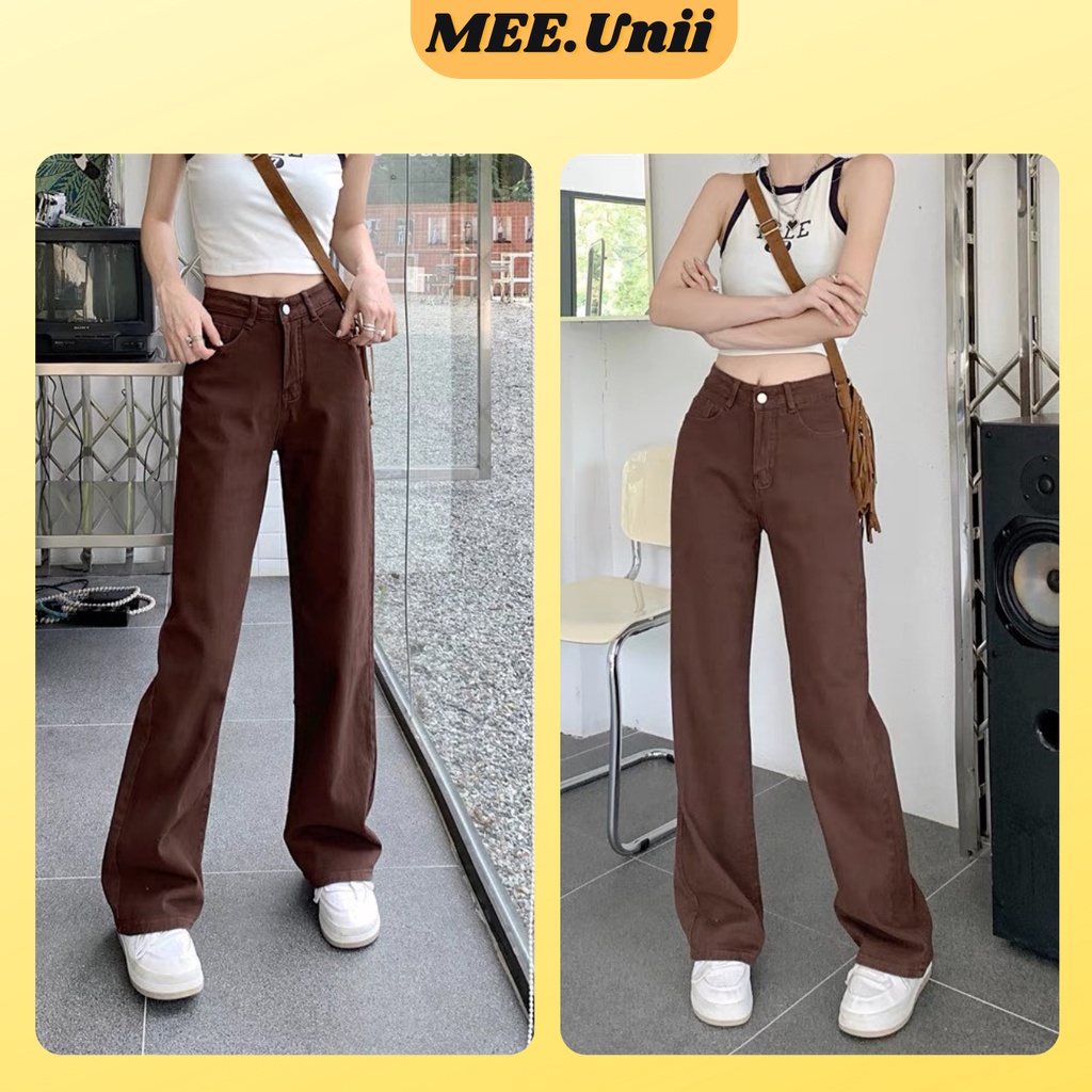 Quần jean  kaki suông ống rộng MEE.Unii cạp cao màu nâu, quần bò baggy ống suông chân dài