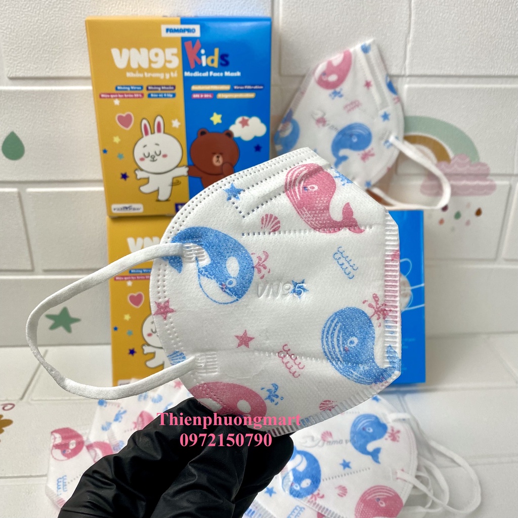 Khẩu trang FAMAPRO VN95 KIDS trẻ em in hình 4 lớp kháng khuẩn 10 cái / hộp