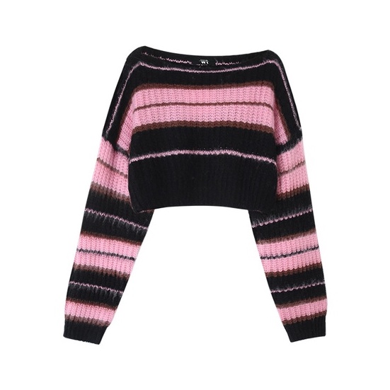 NUZIRO  Áo croptop  tay dài cổ tròn kẻ sọc đen trắng phong cách Hàn Quốc cho nữ