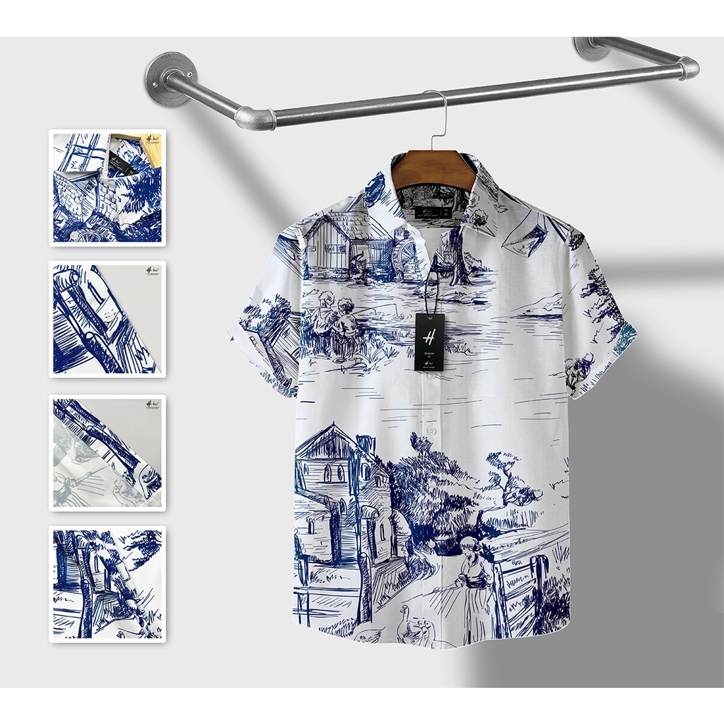 Áo sơ mi nam tay ngắn họa tiết HIBRO chất vải lụa Kate Mỹ cao cấp mềm, mịn, mát không nhăn và không bong tróc - MÃ H06