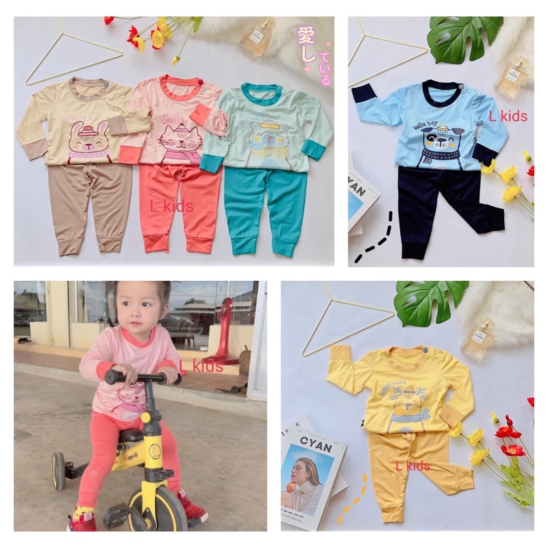Bộ dài thun lạnh điều hòa cài vai phối màu k.woo bé trai/ bé gái (6-16kg)
