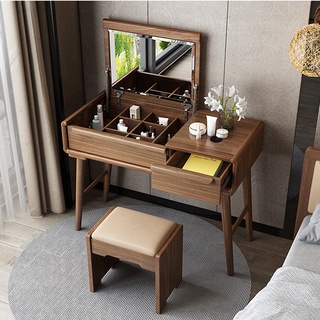 Bàn trang điểm gỗ tự nhiên nhập khẩu gương gập kết hợp bàn làm việc tại nhà thông minh
