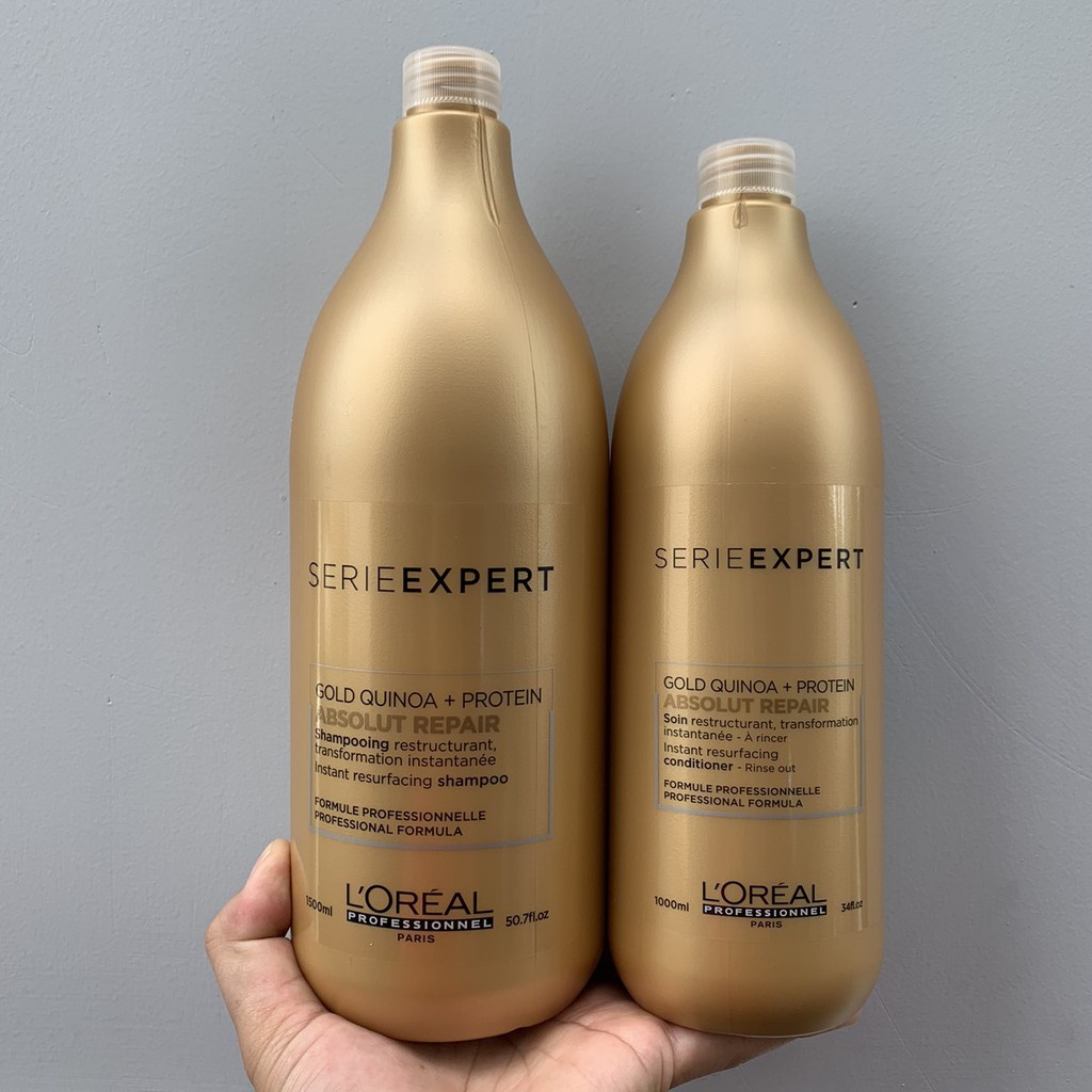 Combo gội xả và hấp dầu phục hồi tóc khô xơ, hư tổn L'oreal Gold Quinoa + Protein Absolut Repair Golden 1500ml